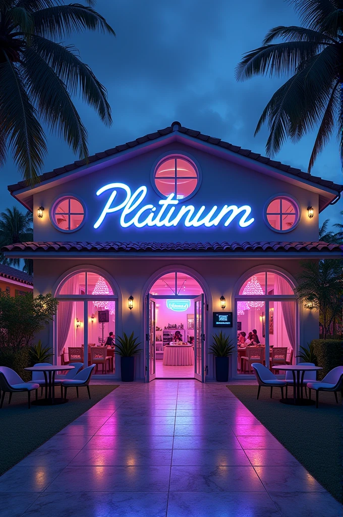 Casa de show, with glass windows, large area in front with some chairs and tables, large sign above the entrance door saying Platinum Events, large open entrance door, circular shaped windows, unrealistic, drawn, small sign in the form of a poster on the side of the entrance saying no drinks allowed, indoor party, events house, coconut trees outside, neon, lights, natta, parties, animadas, sound box, huge hall inside, party going on , floodlight lights , people dancing in the countryside