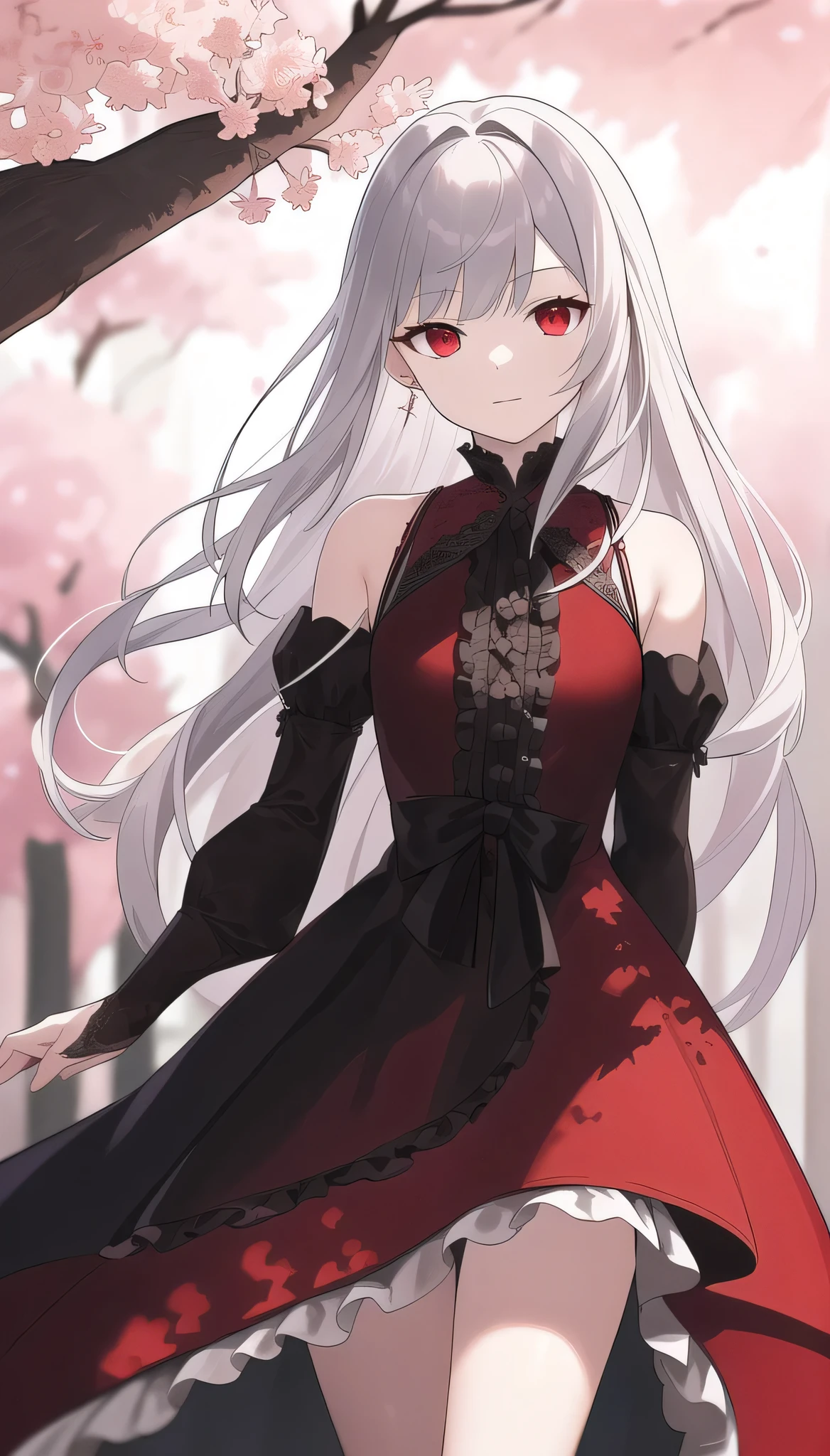 masterpiece, best quality, intricate, long hair, silver hair, red eyes, dress, frills, gothic, arms behind back,
outdoors, cherry blossoms, depth of field,