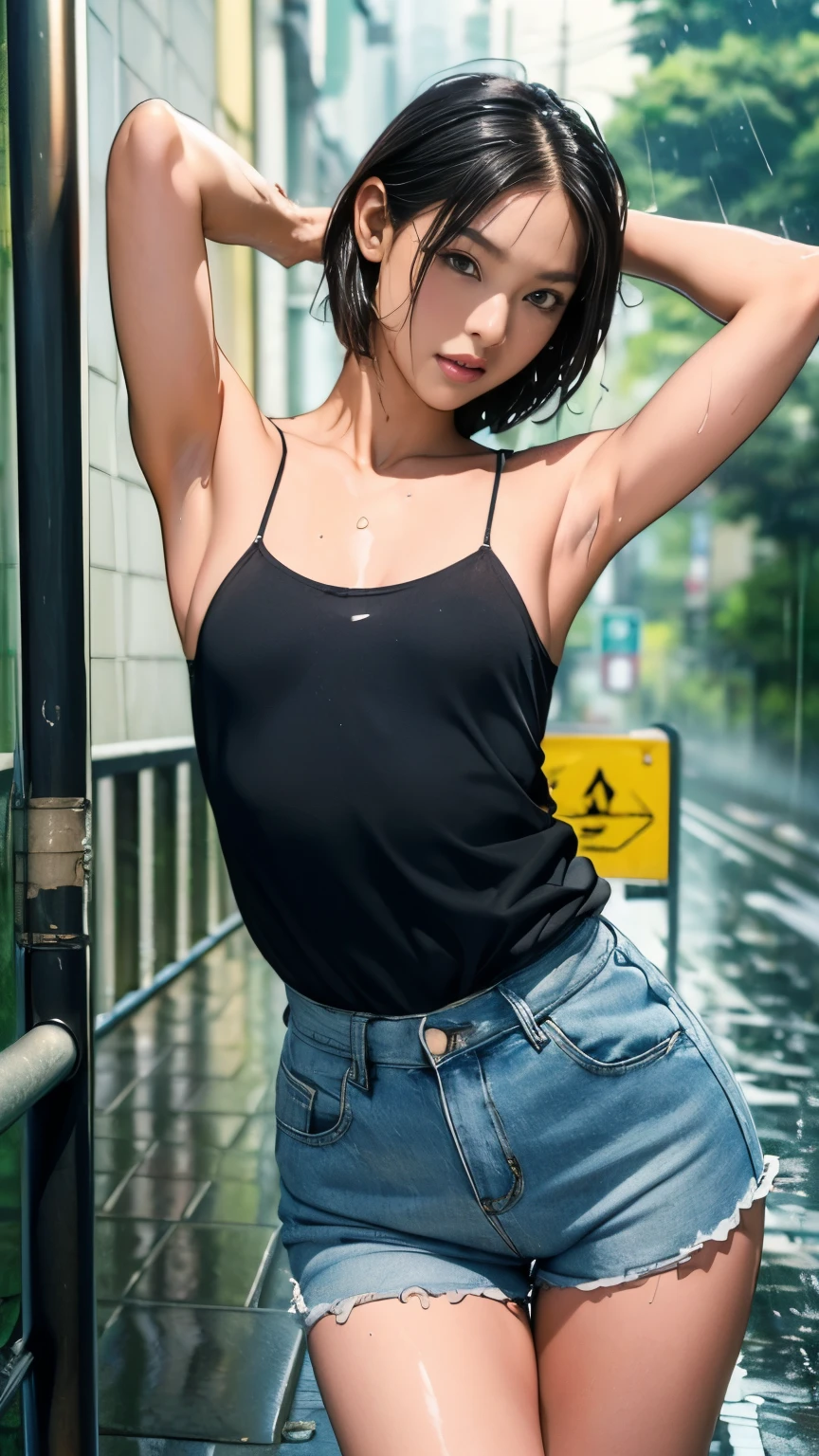 ((masterpiece,best quality;1.3,Best Illustration)), ((Get wet:1.5)), (Raise your arms, Let me see your armpits:1.3), (Beautiful breasts, Large Breasts), Cowboy shooting,1 girl、、solitary,((Small head:1.5)),Black Hair, Bob Cooter, Forehead open, short hair, Brown eyes,beautiful eyes,blush,((Very long body:1.3)),((Fitness,slim,Skinny)),Radiant Skin,Radiant Skin,Oily skin,(Soaked in the rain、camisole、micro short shorts)、Carrying a black backpack、heavy rain、rain、en route,Tokyo,