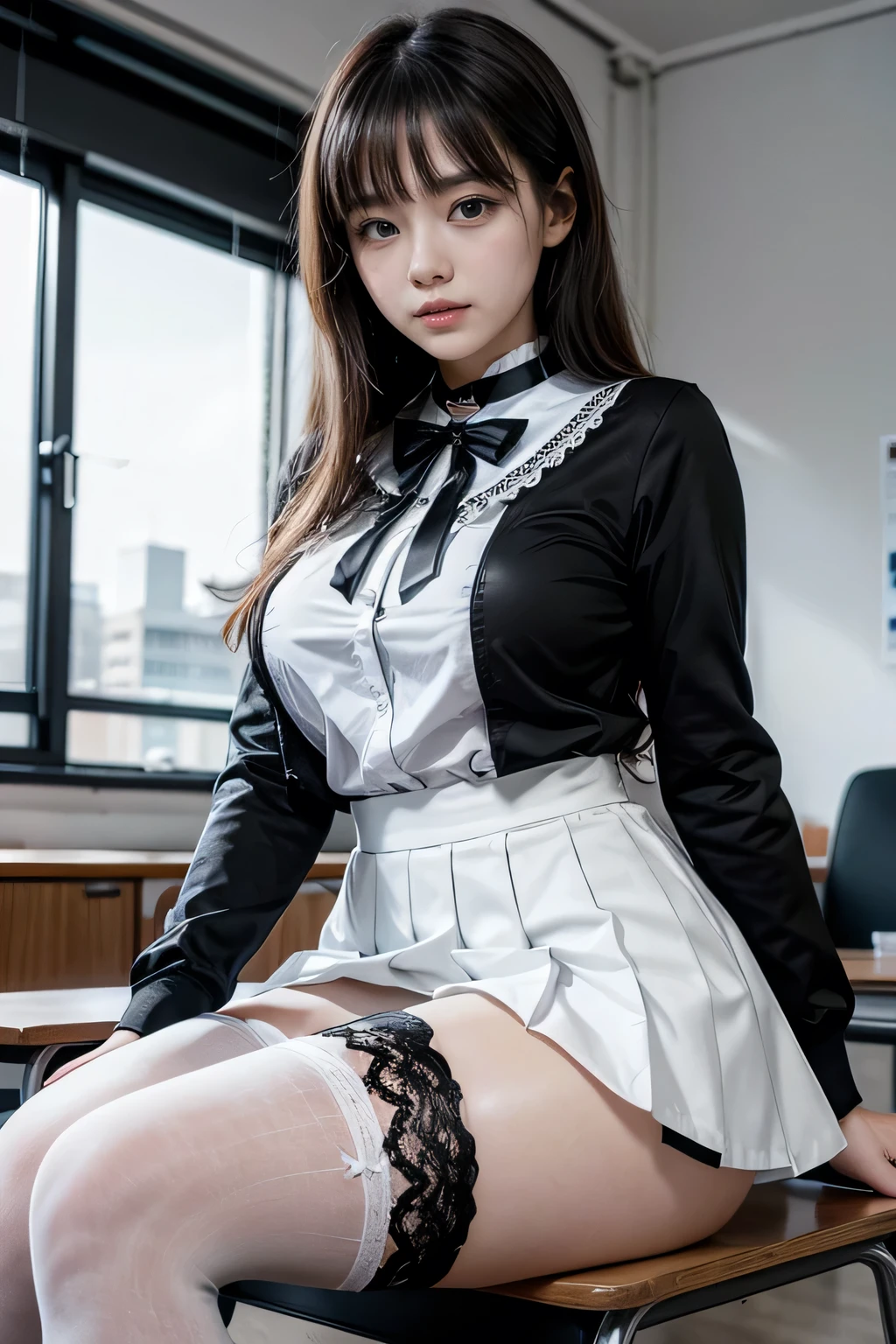 , School girl, white and black uniform, white and black skirt, black lace choker, white lace thigh highs, looking at viewer, class room background, sitting on desk, seductive, dark eyeliner, sexy eyeliner,