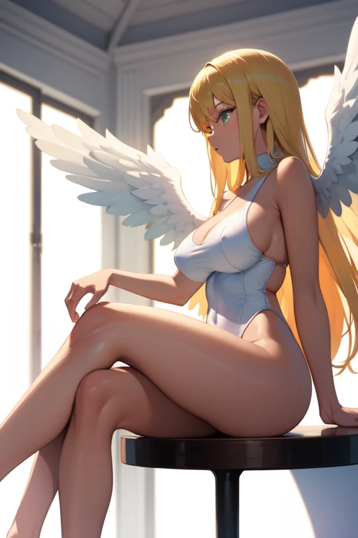 ((Best Quality)), ((masterpiece)), (detailed), 1 girl, with white leotard, long blond hair, green eyes,Angel wings, tanned skin, big breasts,sitting, crossed legs,((Whole body)), ((right side profile view))..