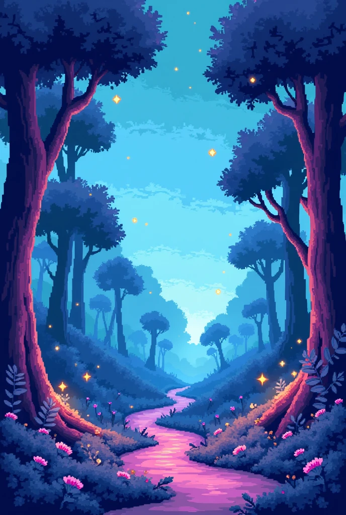 Generate a banner for a Youtube channel with blue and purple colors from a pixel art forest