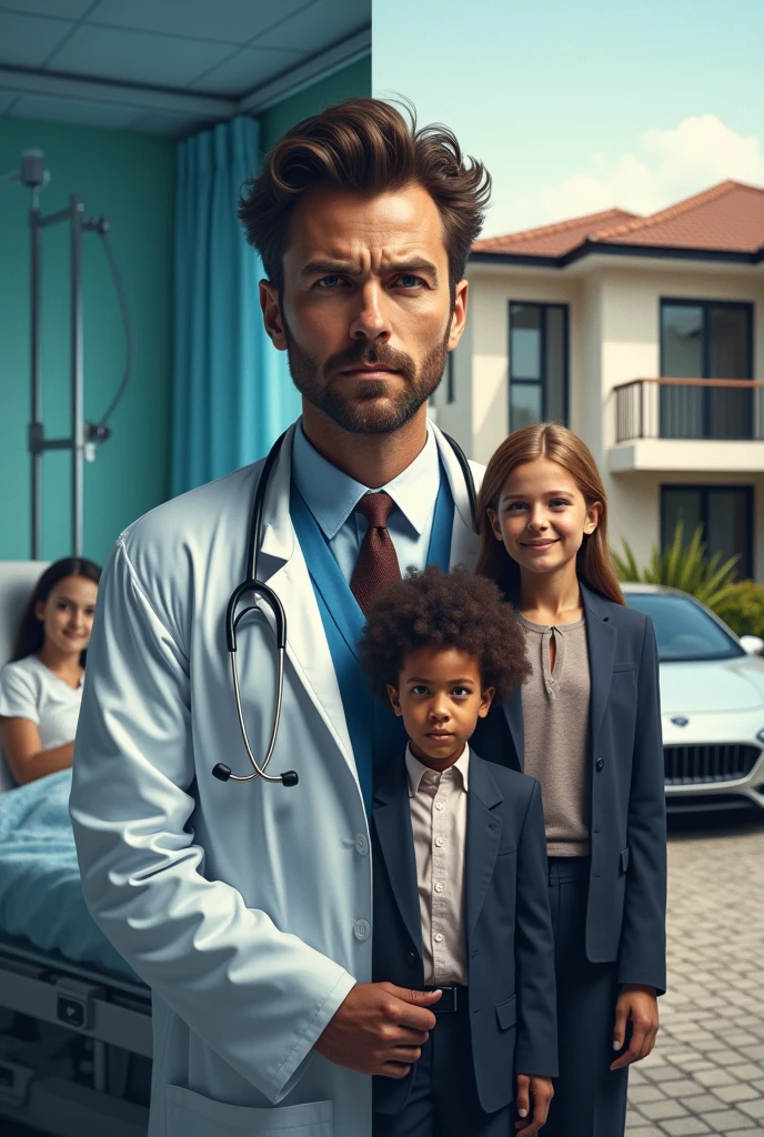 Split the image into two halves. On the left side, show a doctor on duty at a hospital, visibly exhausted, with dark circles and a sad expression, surrounded by medical equipment and a patient in a hospital bed. in the right side, show a happy family in front of a modern house with a luxury car. The father is dressed in a suit, smiling next to his wife and two children.