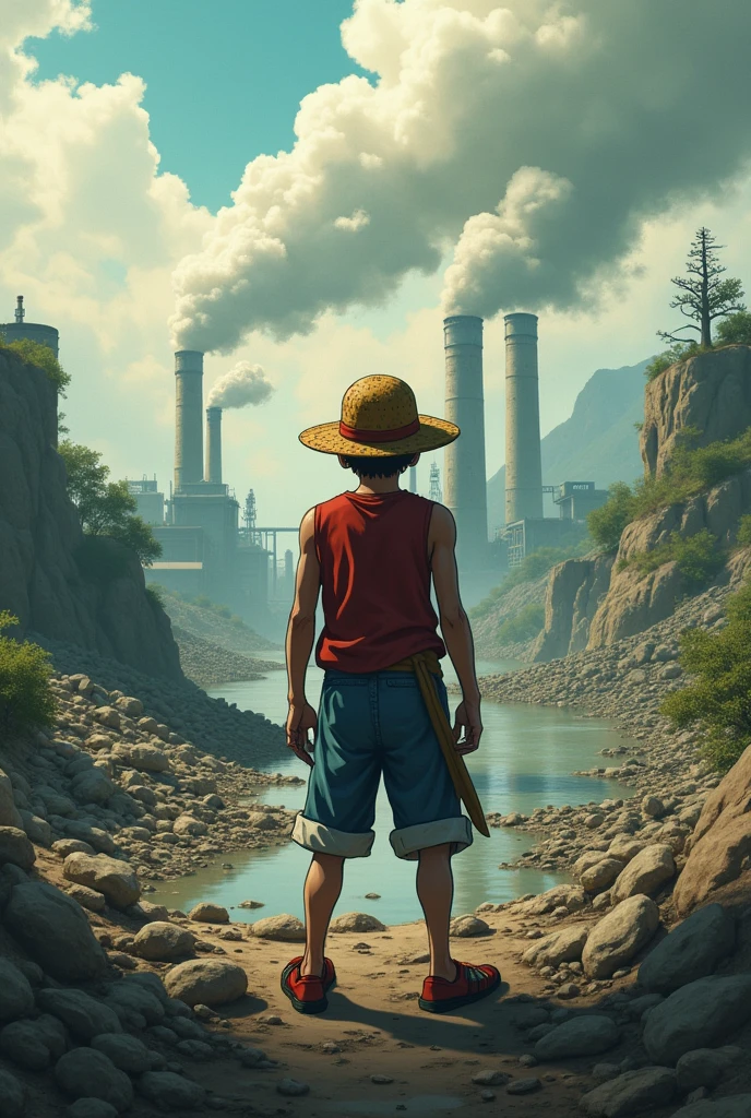 Create me an image of Luffy's back from One Piece and environmental pollution