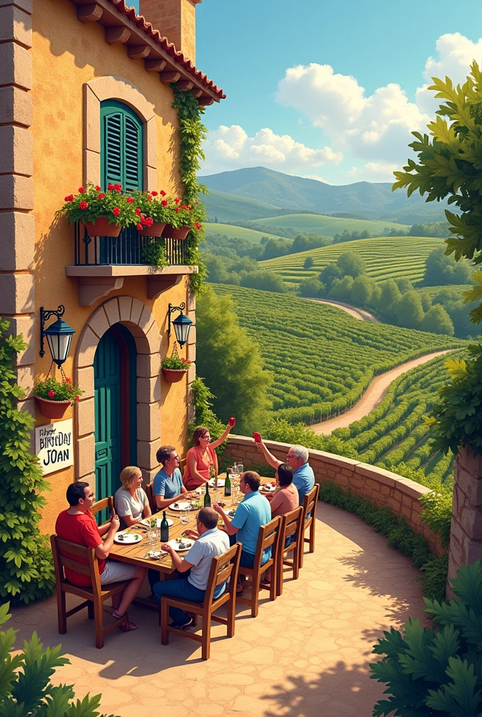 Make a happy birthday card with a vineyard restaurant design dedicated to Joan in Catalan