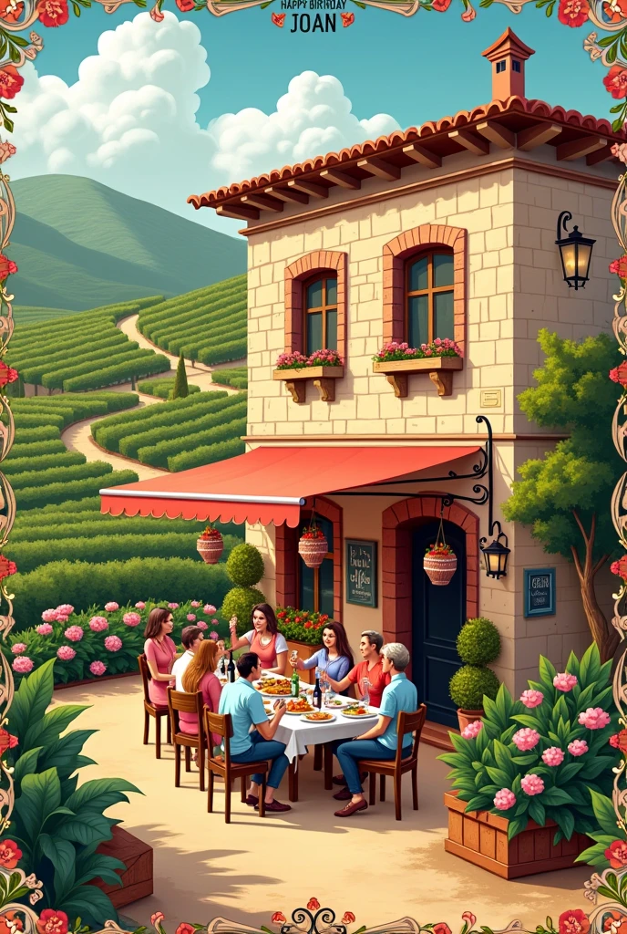 Make a happy birthday card with a vineyard restaurant design dedicated to Joan in Catalan