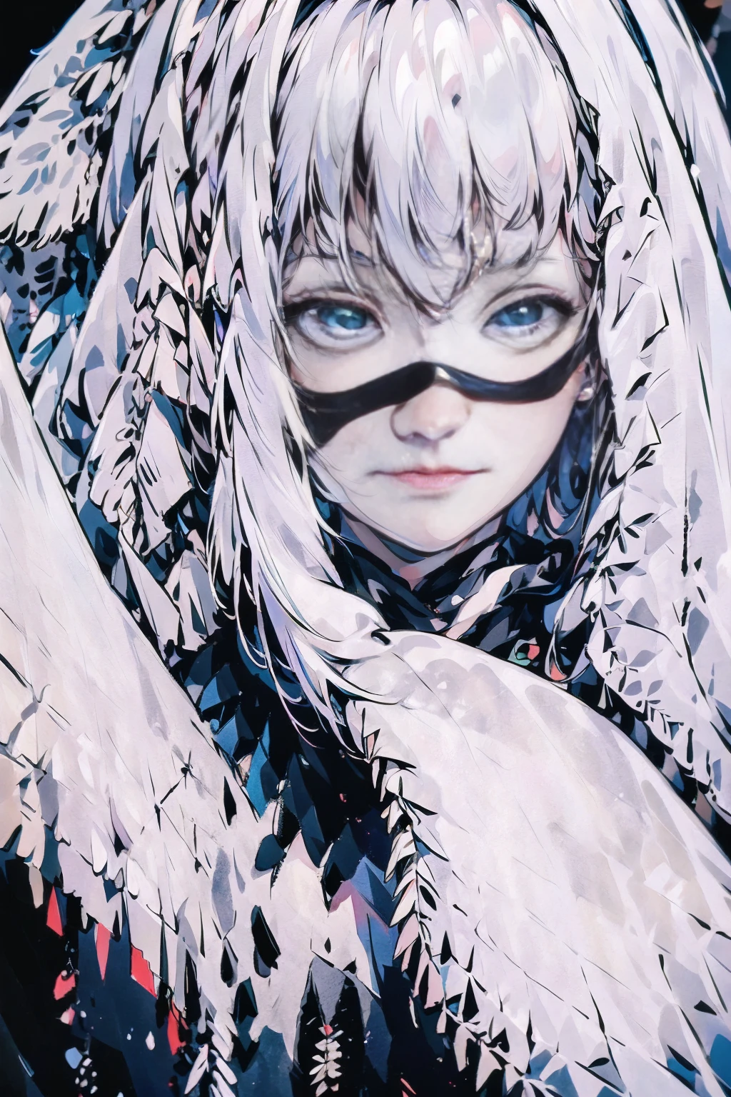 (Highest quality)), ((masterpiece)), (detailed), She is wearing a mask that covers her entire face,Hair is white hair,Her true face cannot be seen,It is unknown what expression she is making,No Background,