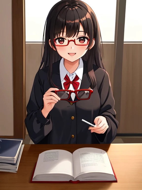 Masterpiece, 1girl, solo, Japanese student, smiling, she's absolutely beautiful, (she's wearing a black Japanese school uniform and red reading glasses)