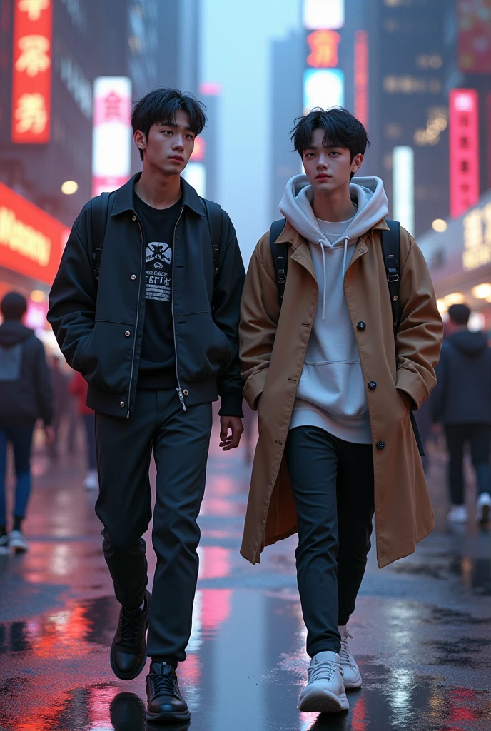 Realistic style, Kpop group Stray Kids member Jeongin alongside Kpop group NCT member Johnny walking together