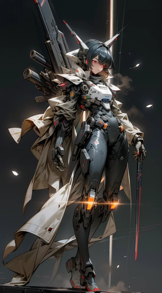 The Wraith Striker stands at about 15 feet tall, with a slender, streamlined frame that gives it a low profile. Its exterior is made of a dark, reflective material that seems to absorb light rather than reflect it, making it difficult to see in low-light environments. The mech has a smooth, seamless design, with few visible seams or joints. Its limbs and torso are slim and athletic, designed for speed and maneuverability. The head is a smooth, featureless dome, with several sensor arrays and cameras placed strategically around it.The only color on the mech comes from a few glowing red accents scattered across its body, highlighting its weapons and other key systems. The overall effect is one of stealth and lethality, a machine built for sneaking up on its enemies and striking quickly and silently.The mech's left hand is equipped with an energy blade, a crackling blade of superheated plasma that can slice through even the toughest materials with ease. The right hand holds a energy rifle, its barrel slender and precise, capable of firing a devastating barrage of energy bolts.Along the mech's back, there's a rack of missile launchers, each one loaded with a different type of ammunition. From high-powered kinetic rounds to explosive concussion bombs, the missiles are ready to fulfill any combat situation.The last visible weapon is mounted on the mech's right shoulder: a railgun, its barrel long and slender, able to fire projectiles at nearly the speed of sound.The Wraith Striker also has a number of other systems and features that aren't immediately visible. Its internal systems include powerful boosters and jump jets for rapid movement and evasive maneuvers, as well as advanced sensors and stealth technology to help it stay hidden from enemies.