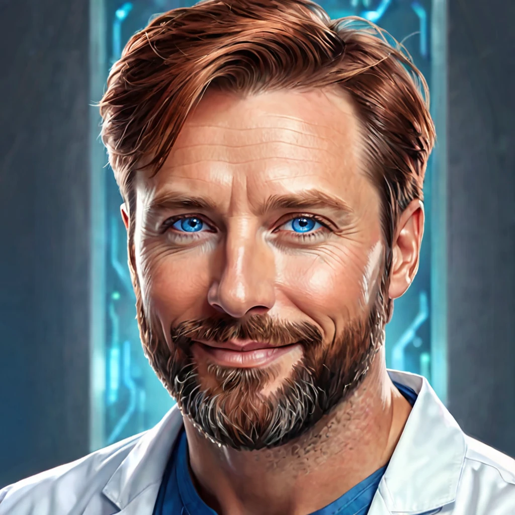 Semi realistic illustration portrait of 40 year old man, handsome, white short copper brown hair, Blue-eyed. rectangular face, Well-groomed beard, fine and soft facial features, lips a little thick, charming smile and challenging look. Doctor in a futuristic science fiction world.