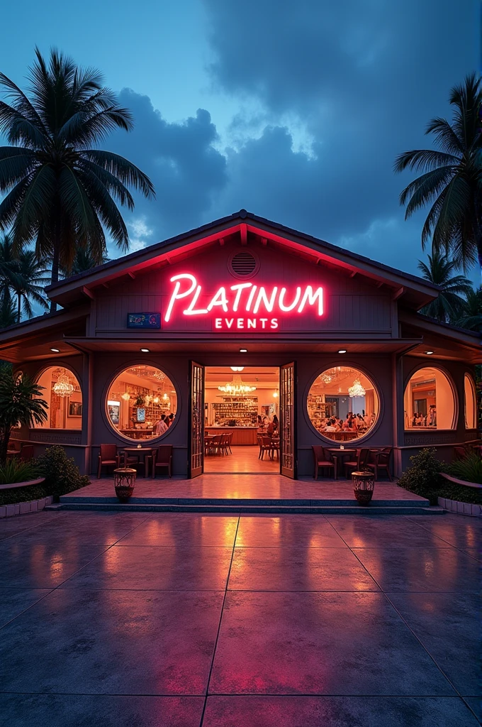 Casa de show, with glass windows, large area in front with some chairs and tables, large sign above the entrance door saying Platinum Events, large open entrance door, circular shaped windows, unrealistic, drawn, small sign in the form of a poster on the side of the entrance saying no drinks allowed, indoor party, events house, coconut trees outside, neon, lights, natta, parties, animadas, sound box, huge hall inside, party going on , floodlight lights , people dancing in the countryside