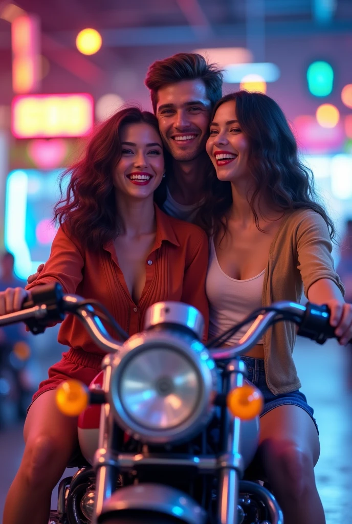 Throuple of 2 girls and 1 boy riding on an arcade motorcycle game