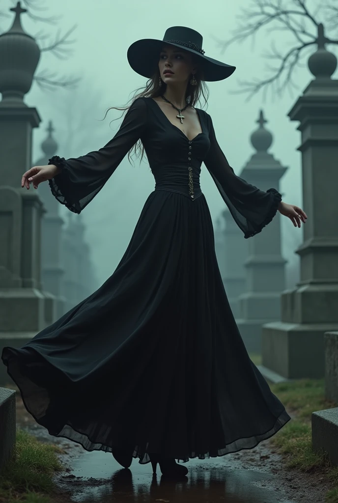 Woman in black dress, with a flared skirt and tight blouse with a black belt at the waist, with earrings and cross necklace and hat covering his face dancing in front of the cemetery