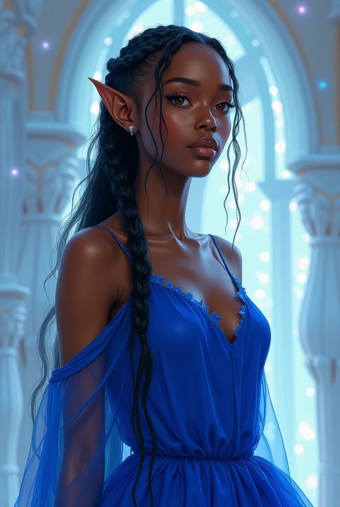 Black woman with cool skin tones, age 25, small, fleshy mouth, amber almond eyes , Oval face, upturned button nose, small fairy ears, This is in a crystal palace, wears a beautiful royal blue silk dress that fits her body perfectly, her hair is in braids