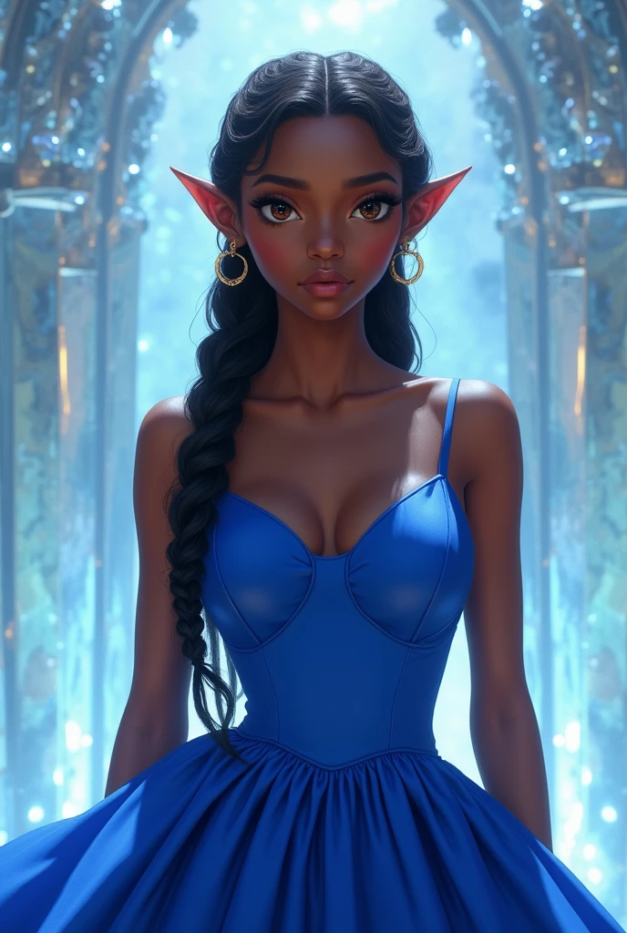 Black woman with cool skin tones, age 25, small, fleshy mouth, amber almond eyes , Oval face, upturned button nose, small fairy ears, This is in a crystal palace, wears a beautiful royal blue silk dress that fits her body perfectly, her hair is in braids