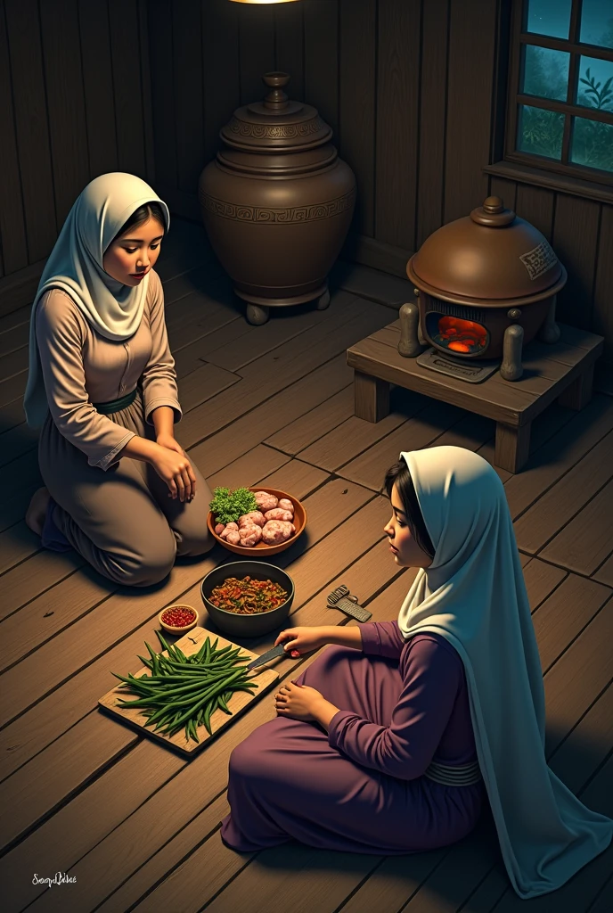 a malay hijab beauty girl wear a shabby shirt and a batik sarong, sitting down on a wooden floor in a wooden kitchen, cutting a vegetable and a meat with her friend, old kettle on stove, a meal in a wok clay stove, old urn,  aerial top angle, at night