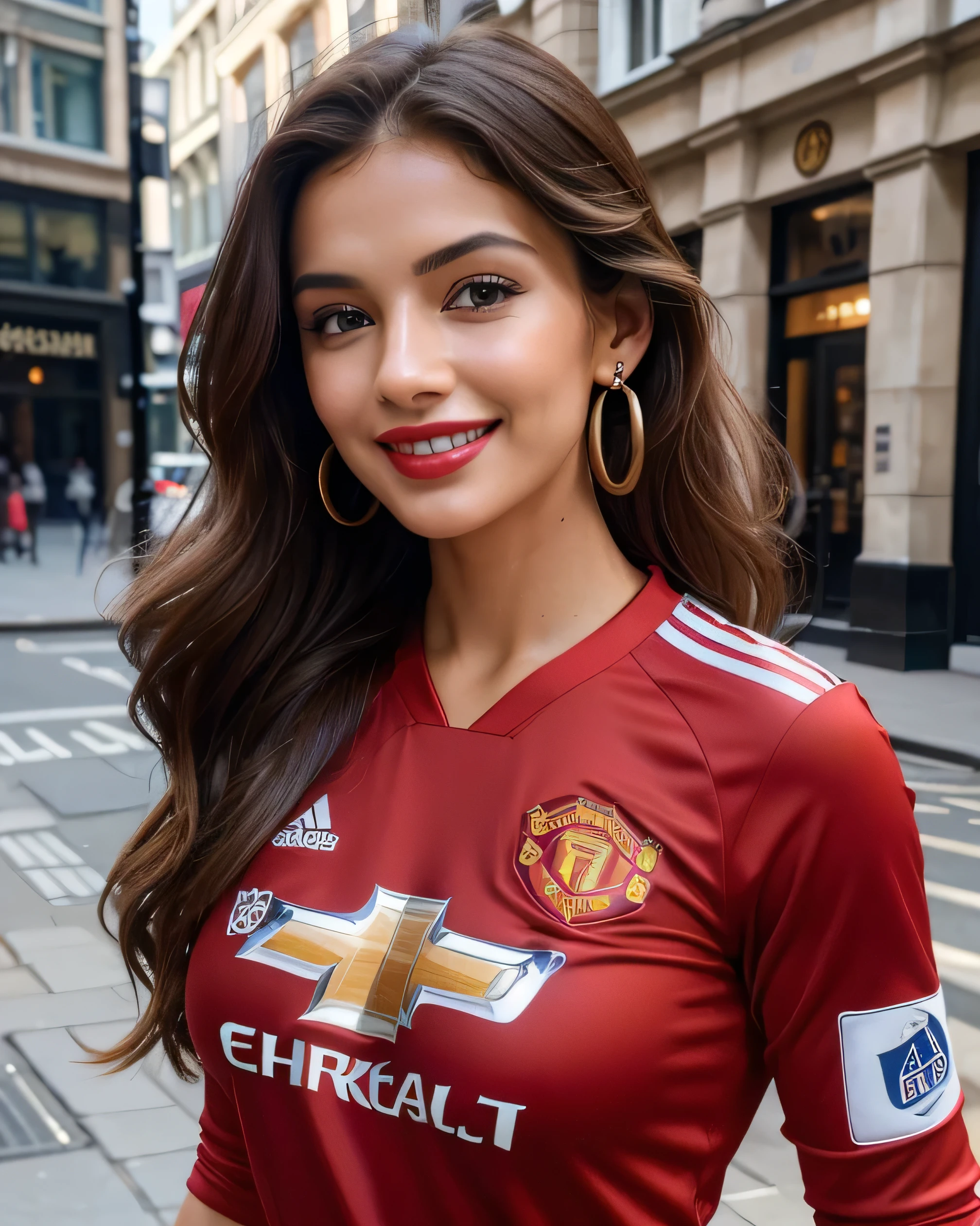Ultra HD resolution,artistic photos,Professional candid Photography,((A 21 year very sexy super model on a street in London, medium firm breasts:1.2, earrings, smiling at viewer, long brunette wavy hair, cold ultra realistic damp skin, wearing the red official Soccer jersey of official Manchester United Soccer team)), posing like super-model, on a street in London, smiling at viewer, natural red lips, attention to detail