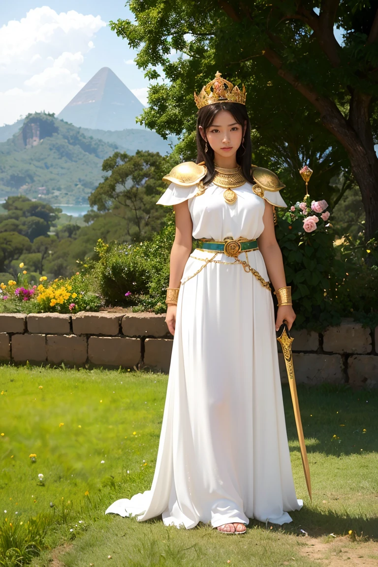 goddess, Egypt, Beautiful woman, Stand sideways., ((Bend a little.)), White clothes, The crown is made of flowers., The belt is made of roses., golden sky, Blue Mountains, Green Grass、With a sword and shield