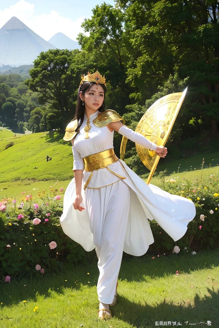 goddess, Egypt, Beautiful woman, Stand sideways., ((Bend a little.)), White clothes, The crown is made of flowers., The belt is made of roses., golden sky, Blue Mountains, Green Grass、With a sword and shield