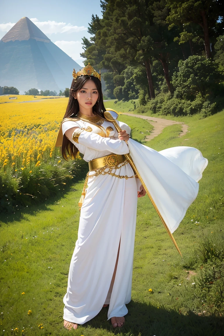 goddess, Egypt, Beautiful woman, Stand sideways., ((Bend a little.)), White clothes, The crown is made of flowers., The belt is made of roses., golden sky, Blue Mountains, Green Grass、With a sword and shield