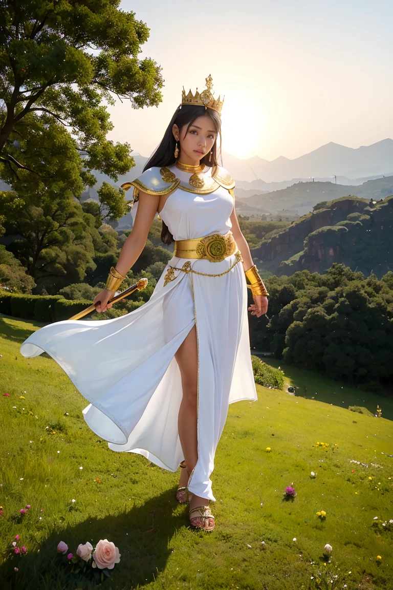 goddess, Egypt, Beautiful woman, Stand sideways., ((Bend a little.)), White clothes, The crown is made of flowers., The belt is made of roses., golden sky, Blue Mountains, Green Grass、With a sword and shield