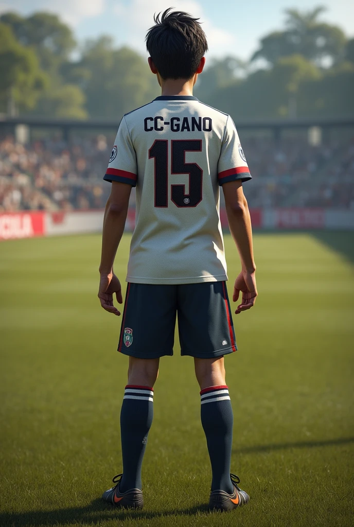 Create a soccer player with his back turned to me and the name CC-GANO and age 15 years and background image game pubg