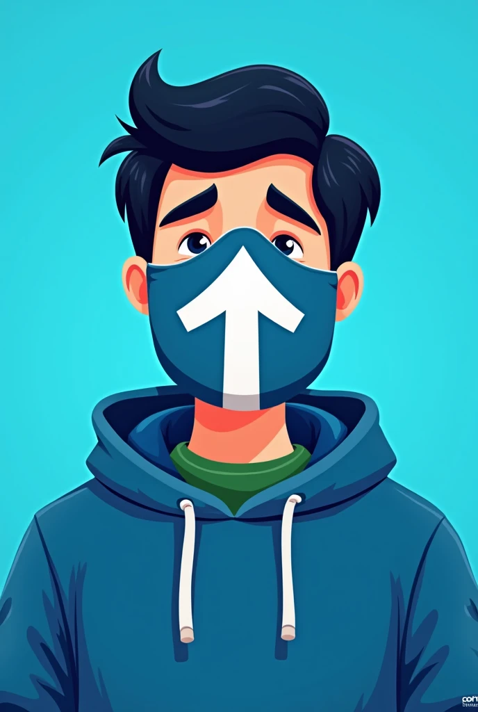 Man with black hair, blue sweatshirt and mask with arrow pointing upwards, mask covering the entire face and blue background, same cartoon, same cartoon and sweatshirt with hood behind, the same one, but the mask covering the entire face, white mask and blue arrow
