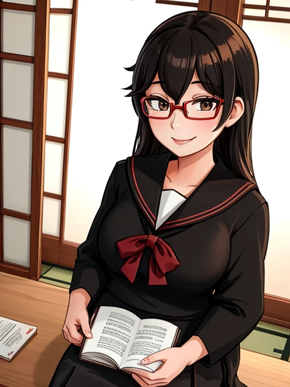 
Masterpiece, 1girl, solo, Japanese student, smiling, she's absolutely beautiful, (she's wearing a black Japanese school uniform and red reading glasses)

