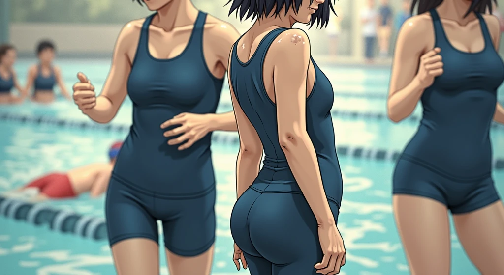 Middle school students,Black Hair,Navy blue school swimsuit and leggings,Sweat,Small breasts,Low length,Pool,Highest quality