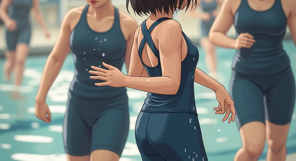 Middle school students,Black Hair,Navy blue school swimsuit and leggings,Sweat,Small breasts,Low length,Pool,Highest quality
