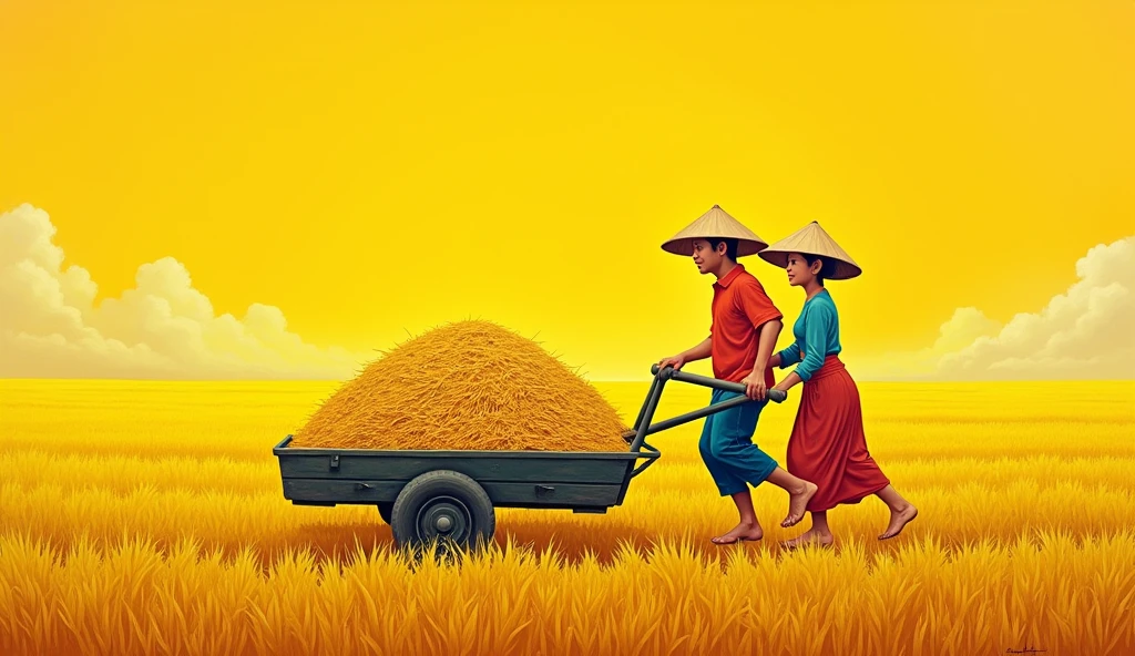 cartoon, a vietnamese man pulling a cart full of rice, a vietnamese woman pushing behind the cart, they go barefoot, on a yellow field background, in the style of rainbowcore, canvas texture emphasis, paintings, realist detail, flat form