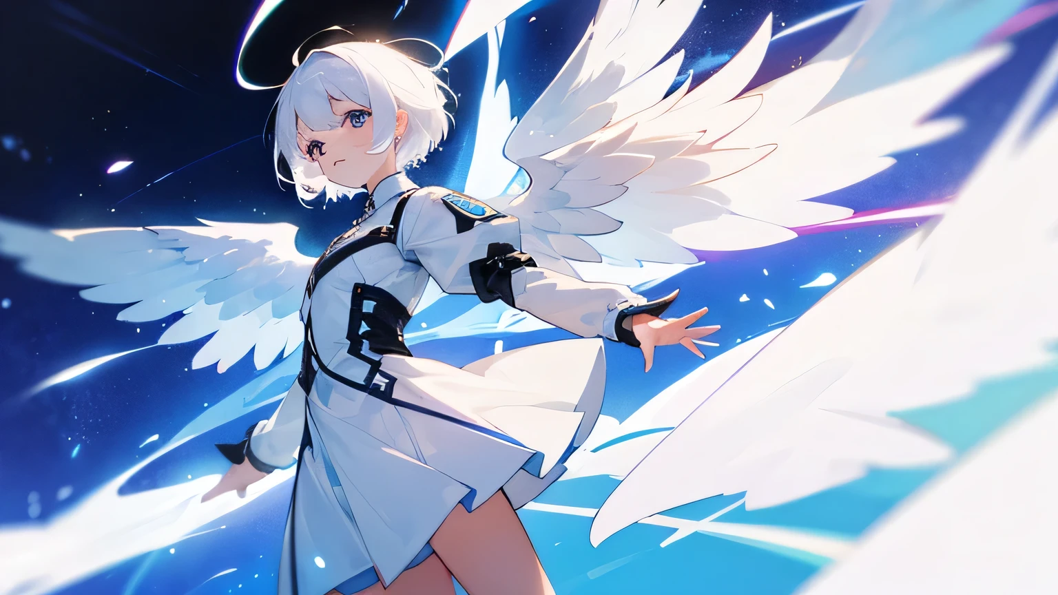1 angel girl, short white hair, Angel wings, Whole body