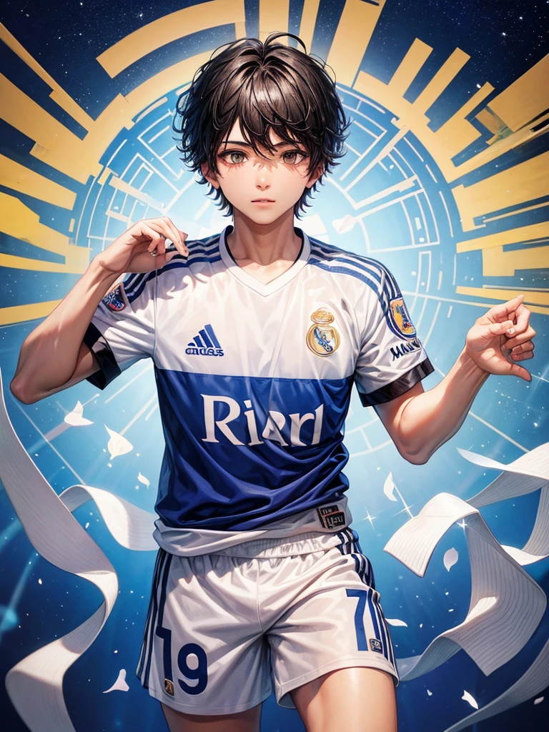 Create a boy named Yoni wearing a Real Madrid shirt with the number 7