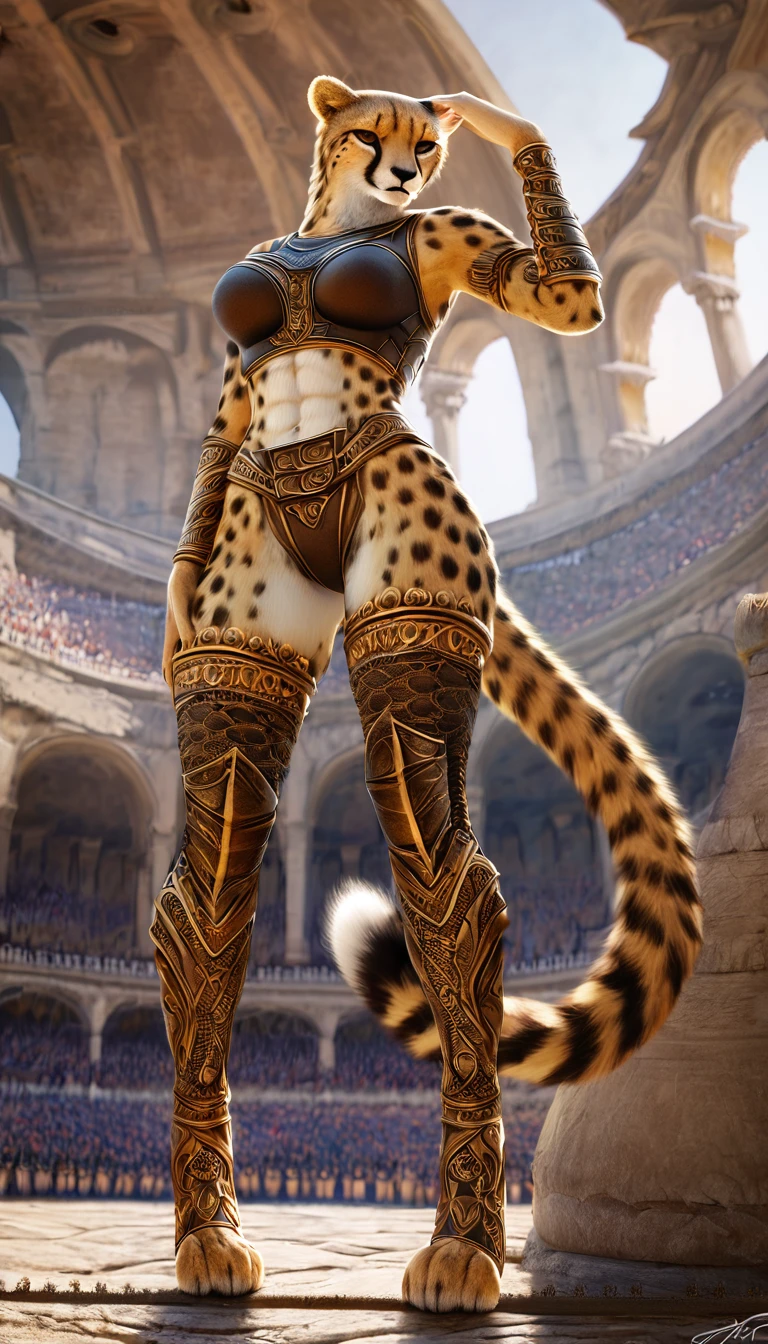 female cheetah beastman, gladiator, dignified expression, black with gold trim and tight combat clothing, perfect proportions, abs, background Coliseum, conceptual installation art, (ultra detailed, absolutely resolution, best quality:1.3), 2.5D, delicate and dynamic effects, artistic, hyper, graphic CG digital fantasy art, portrait