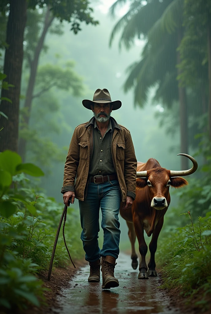 A cow boy at Myanmar , cow and beautiful forest , rainy day , cenematic color , 9:16 ratio