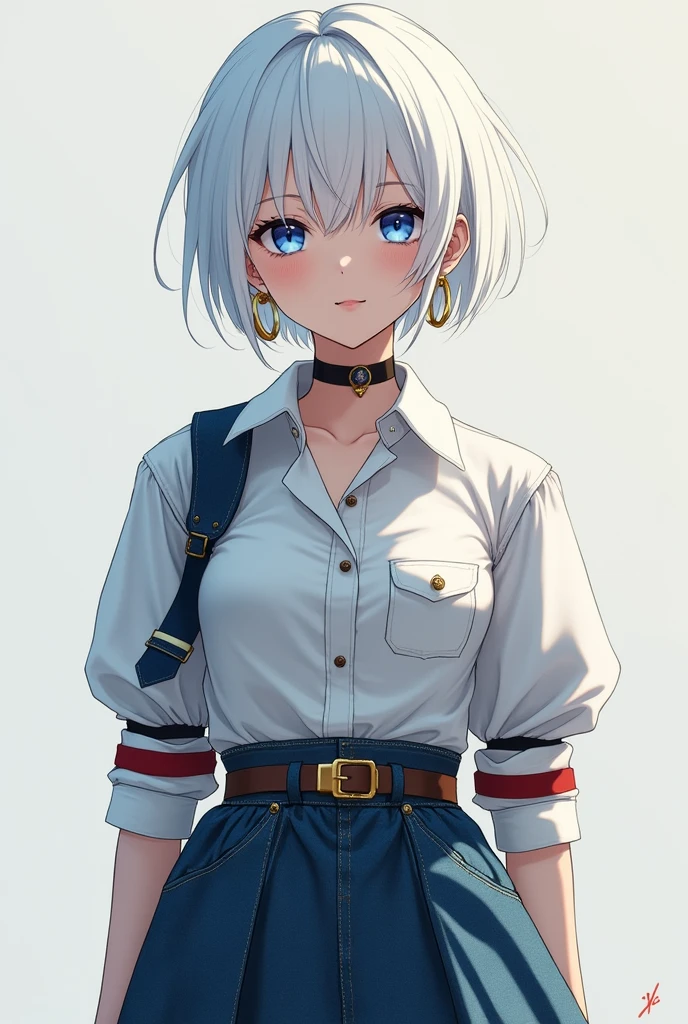 (masterpiece, best quality, beautiful and aesthetic:1.3), 1 Girl, Full body portrait,Solitary,android 18, white hair, blue eyes, eyelashes, hoop earrings, short hair, earrings, golden belt, white legwear, white shirt, breast pocket, cleavage, collarbone, denim, denim skirt, high-waist skirt, jewelry, long sleeves, pocket, shirt, shirt tucked in, skirt, striped, striped sleeves, waistcoat,