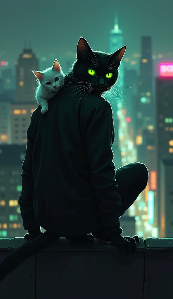 **Whiskers on the Rooftops:**
   - Prompt: "A human body cat with a black jacket and black pant with a feline face and glowing green eyes prowling the rooftops of a dark, bustling city at night. The skyline is lit by neon lights, and his small white kitten companion sits perched on his shoulder as he scans the streets below for danger."