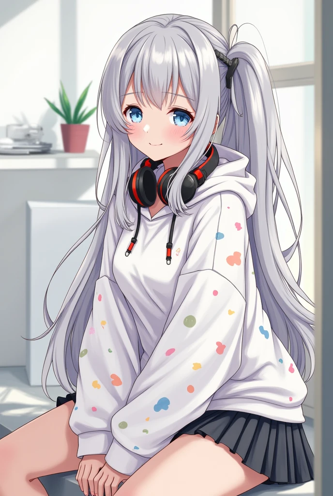Long Hair, High resolution, Gray Hair, chest, smile,headset on neck, Diagonal bangs, Side Ponytail, Anime Style, Oversized,White patterned hoodie,mini skirt,Illustration, 3D Rendering, accessories, uniform,Put on the hood,Pale brown skin,Looks lonely,Sitting