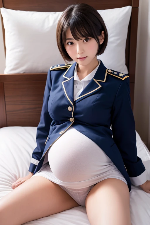 Pregnant short-haired Japanese high school girl in uniform lying in bed Highest quality 8K small bust Thin legs Thin thighs