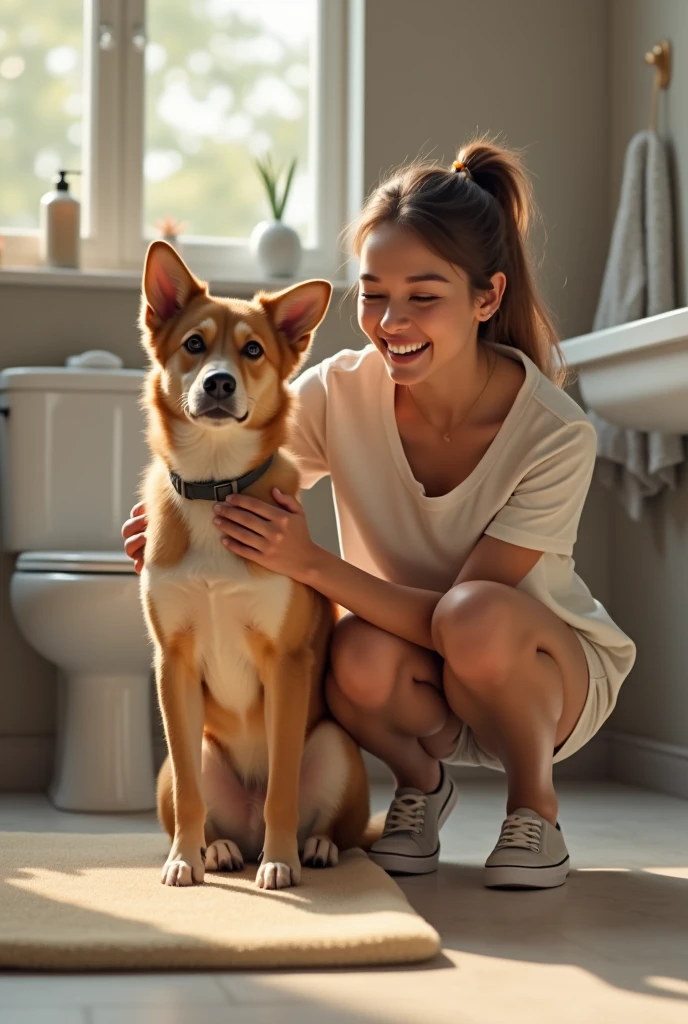 The image depicts a modern, well-lit domestic bathroom with neutral tones and white and gray accents. At the center of the image, a young woman, smiling and with a satisfied expression, is crouching beside a medium-sized dog. The dog, with short, light brown fur, is sitting on a training pad placed in a corner of the bathroom, looking happy and calm, as if being praised for using the correct spot for its needs.The woman is casually dressed in a light-colored blouse and jeans, extending her hand to pet the dog in a gesture of affection. In the background, details of the bathroom, such as a modern toilet and a sink with a mirror, are visible, but the focus of the image remains on the positive interaction between the woman and the dog.On the floor, next to the training pad, there is a small spray bottle, suggesting that the environment has been prepared for the dog's training. The lighting is soft, creating a warm and clean atmosphere, conveying the idea that the bathroom is a safe and appropriate space for the dog to learn where to relieve itself.
