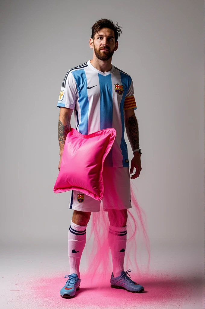 photo of footballer Leonel Messi shitting a pink square bag