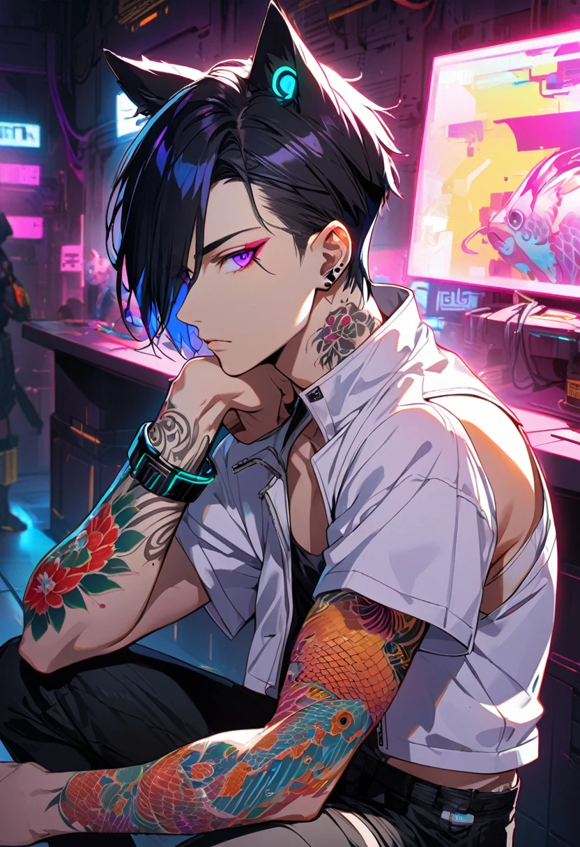 1man, short blackhair, cat ears, purple eyes, wearing white jacket with rolled-up sleeves, wearing black pants, wearing purple undershirt, tattoos on arms,  colorful japenese koi tattoos on left arm, tattoo only on left arm, cyberpunk, profile picture perspective, neon, exposing shoulders