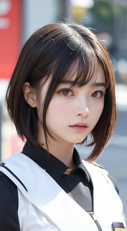(Close-up:1.4)、(RAW Photos:1.2)、(Photorealistic:1.4)、(masterpiece:1.3)、(Highest quality:1.4)、(Beautiful woman with perfect body:1.4)、Beautiful female soldier、Wearing a suit、Beautiful young Japanese woman、Highly detailed face and skin texture、Small, large eyes、double eyelid、Cute Face、(Short Bob:1.2)、Storm and epic war scenes、cyber punk、(Plug Suit)、((Navy and white futuristic police uniform)), Perfect quality,, Stunning beauty,, Small breasts, (High quality anime), Standing on the street by the river next to the village, Please place your hand on your chest, Looking at the audience, Gauntlet. Short hair blowing in the wind, , Bright lightning.Gun holder on the waist