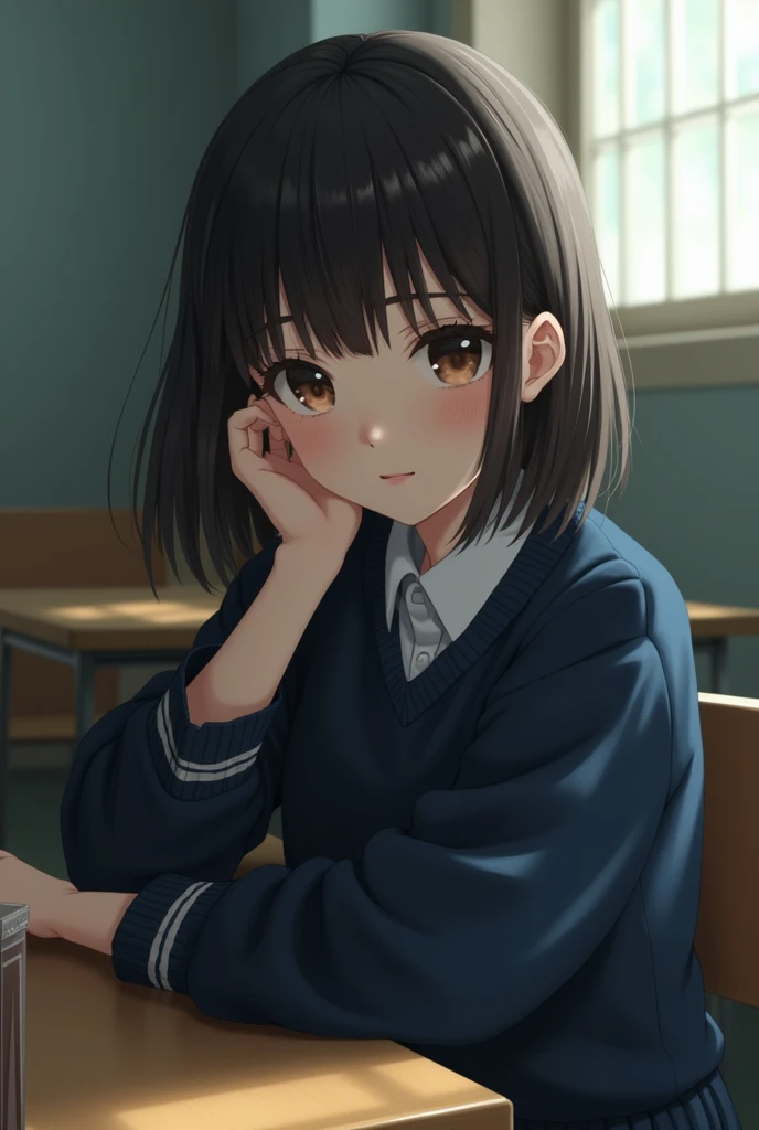 Highest quality, Face Focus, Soft Light, Ultra-high resolution, (Realistic:1.4), RAW Photos, 1 Japan, alone, cute, (Troubled face:0.5), (Brown eyes, Light in your eyes), Beautiful face in every detail, (Small box),(High resolution detail of human skin texture), (Short Bob Hair), break, In the classroom,Navy uniform, Best, skirt