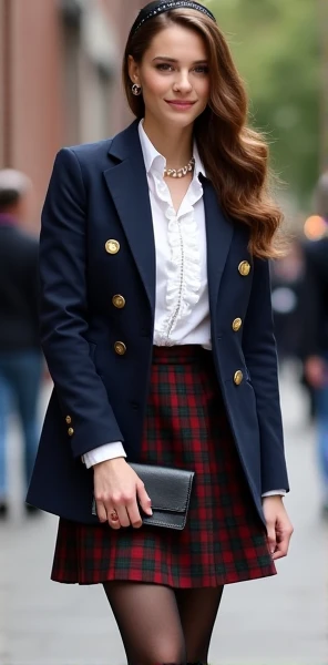 “Design a sophisticated, preppy outfit inspired by Blair Waldorf. The look features a tailored navy blue double-breasted blazer with gold buttons over a white ruffled blouse. Pair it with a high-waisted plaid skirt in shades of deep burgundy and green. Add sheer black tights and classic black Mary Jane heels. Include accessories like a pearl necklace, a structured handbag, and a stylish headband with a bow to complete the Upper East Side aesthetic. The look should be elegant, polished, and embody classic luxury with a modern twist.”