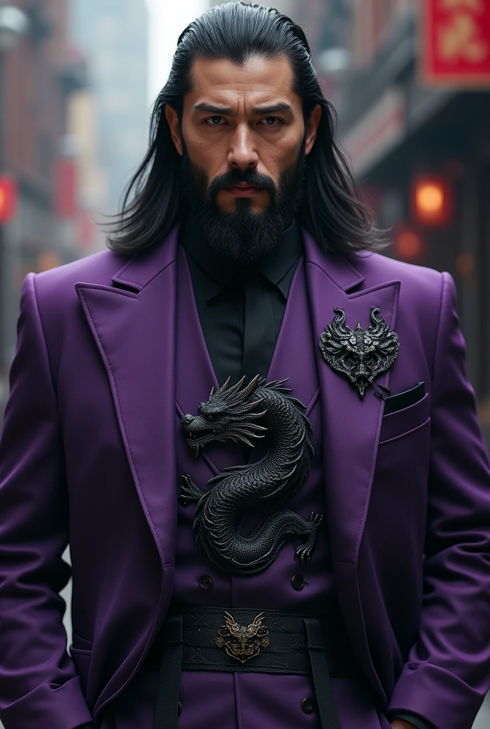 A man with a medium beard,with long black hair,wearing a purple suit with a large black dragon symbol on his chest 