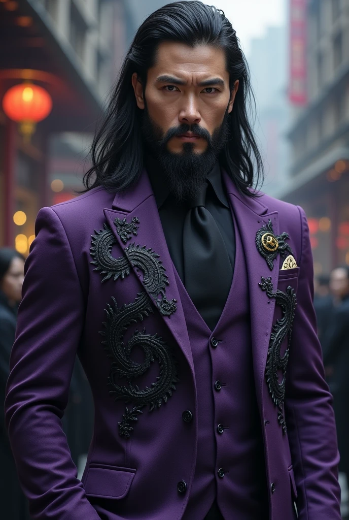 A man with a medium beard,with long black hair,wearing a purple suit with a large black dragon symbol on his chest