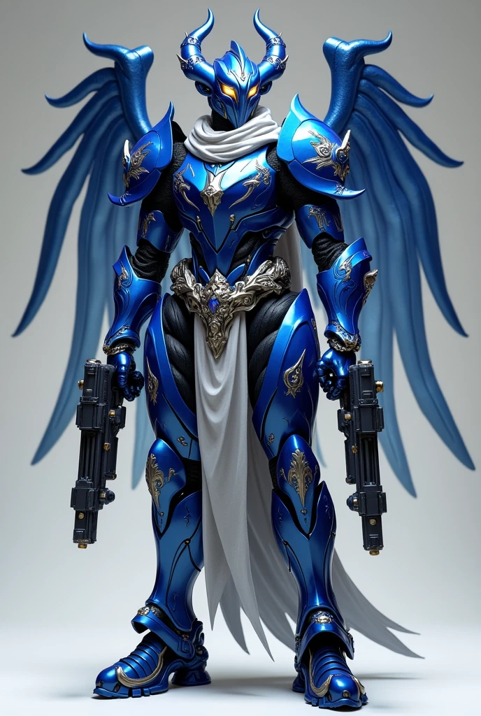 A griffin-themed combat armor, no wings, metallic sapphire color. With a silver scarf and a hand cannon strapped to each forearm