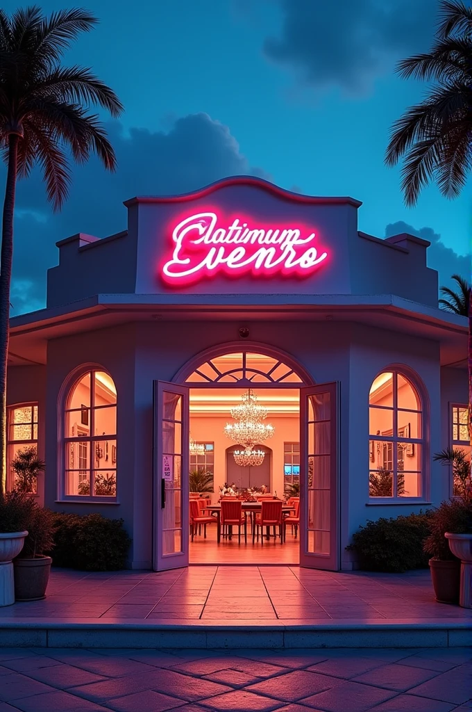 Casa de show, with glass windows, large area in front with some chairs and tables, large sign above the entrance door saying Platinum Events, large open entrance door, circular shaped windows, unrealistic, drawn, small sign on the wall next to the entrance saying no drinks, indoor party, events house, coconut trees outside, neon, lights, natta, parties, animadas, sound box, huge hall inside, party going on , floodlight lights , people dancing in the countryside